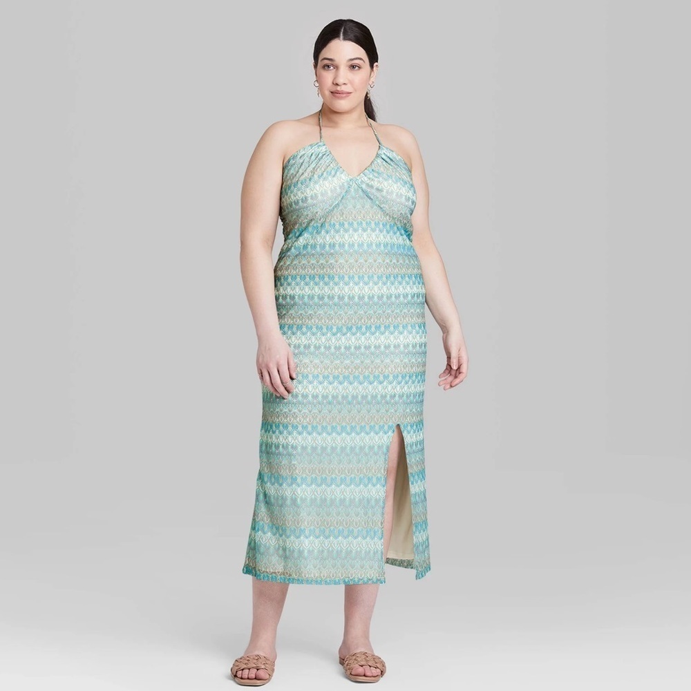 Wild  Fable plus 3X aqua blue Crochet Slip maxi dress lace up back side slit new